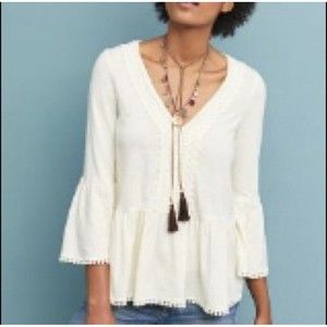 Eri + Ali Anthropologie Fredonia Bell-sleeve Top Ivory White Embroidered M